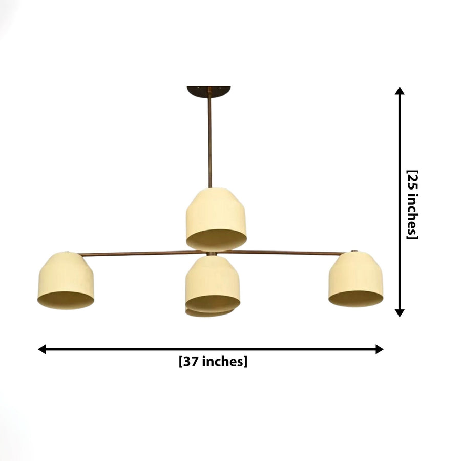 Savannah 5 light sculptural chandelier shown from the front with cream rounded shades and warm bronze-tone multi-arm frame.