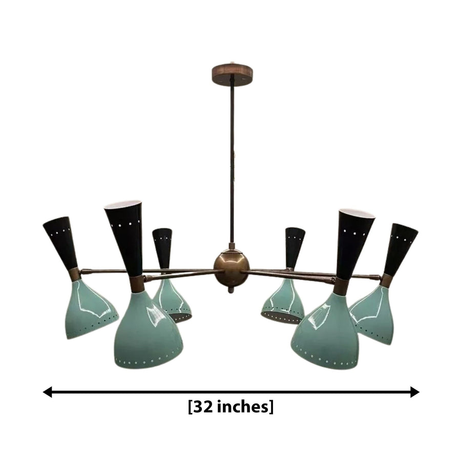 Seattle 12 light chandelier shown from the front with mint green sculptural shades, contrasting black cones, and a radial metal frame.