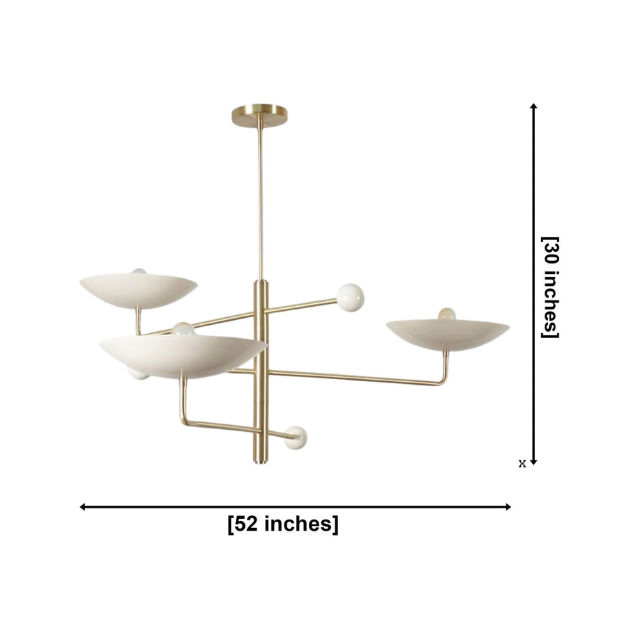 Seville 3 light brass sculptural bowl chandelier displayed in a modern living room with warm ambient lighting.
