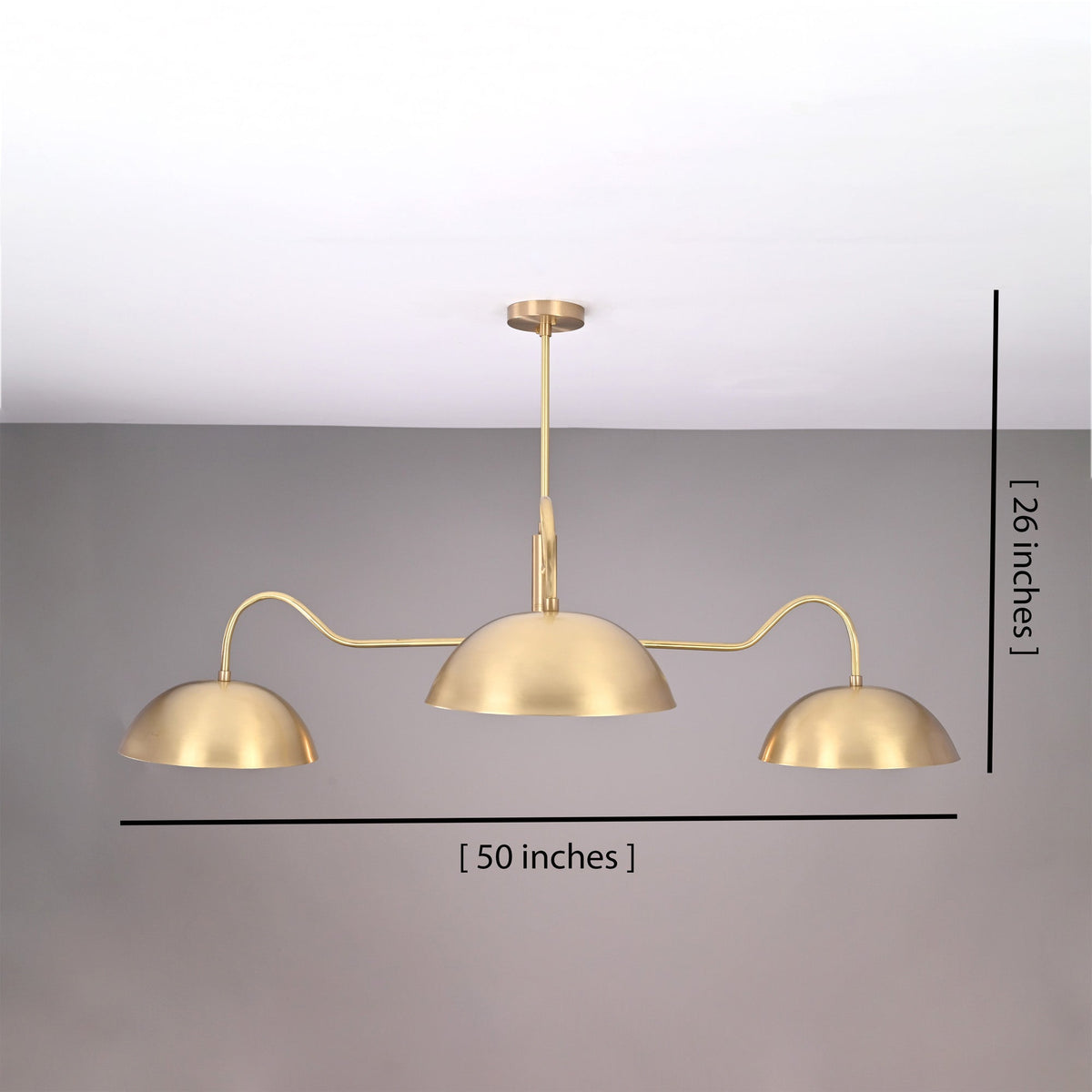Dimension diagram of Siena Curved Arm chandelier showing 50-inch width and 26-inch overall height.