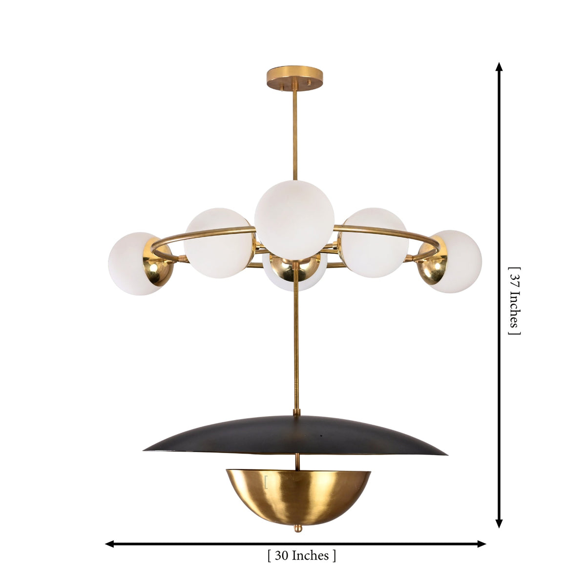 Siena Globe Disc Chandelier dimension image showing 30 inch width and 37 inch height with globe light layout.