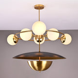 Siena Globe Disc Chandelier with six glowing globe lights, circular frame, and layered disc shade front view.