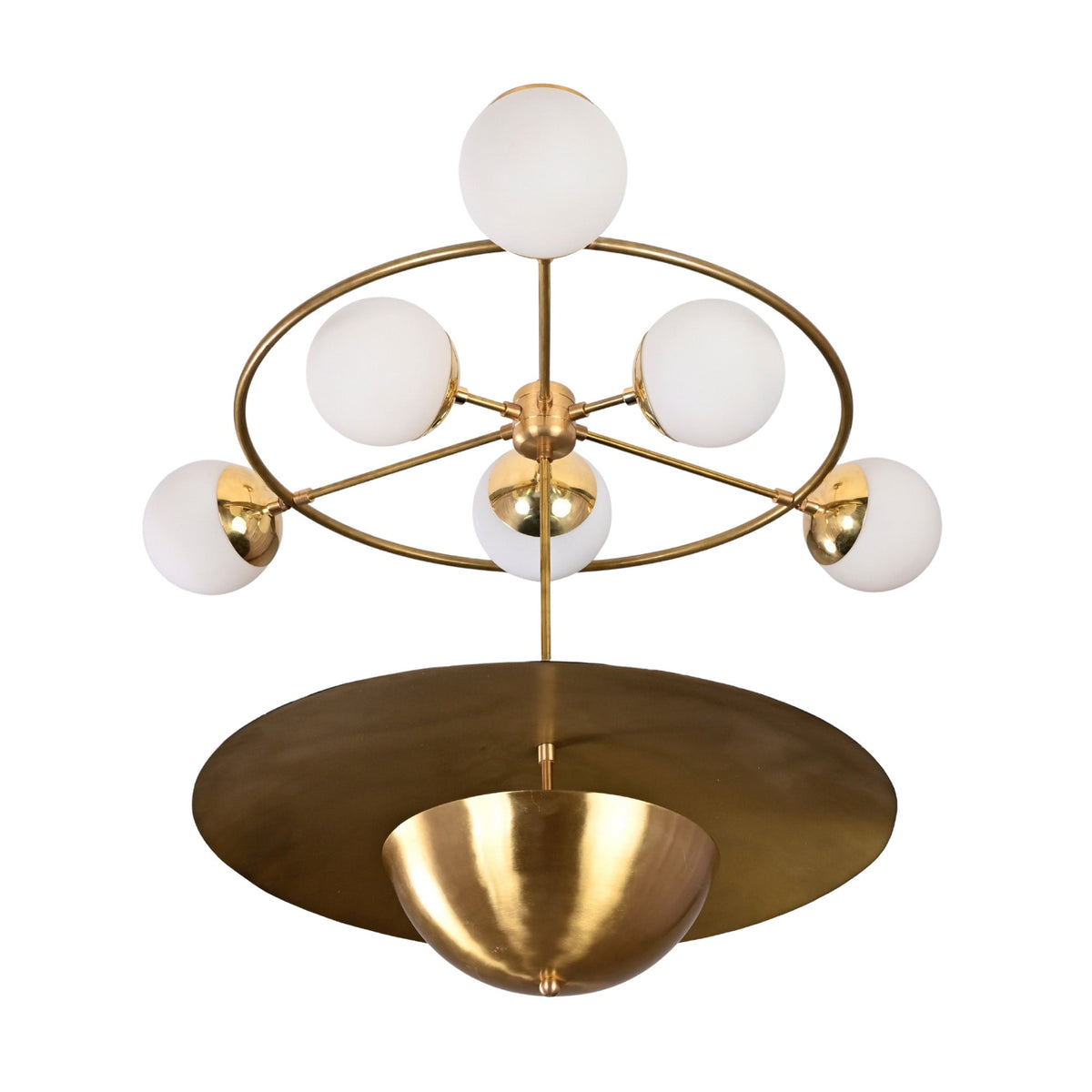 Siena Globe Disc Chandelier lit in warm setting with round globe shades and layered central disc design.