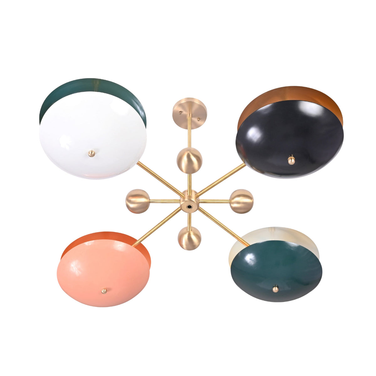 Siena Orbit Globe Chandelier top angle view with teal, white, peach, and black globe-style shades.
