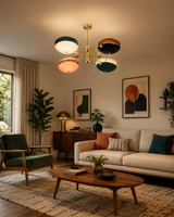 Siena Orbit Globe Chandelier styled in a modern living room with colorful shades and warm décor.