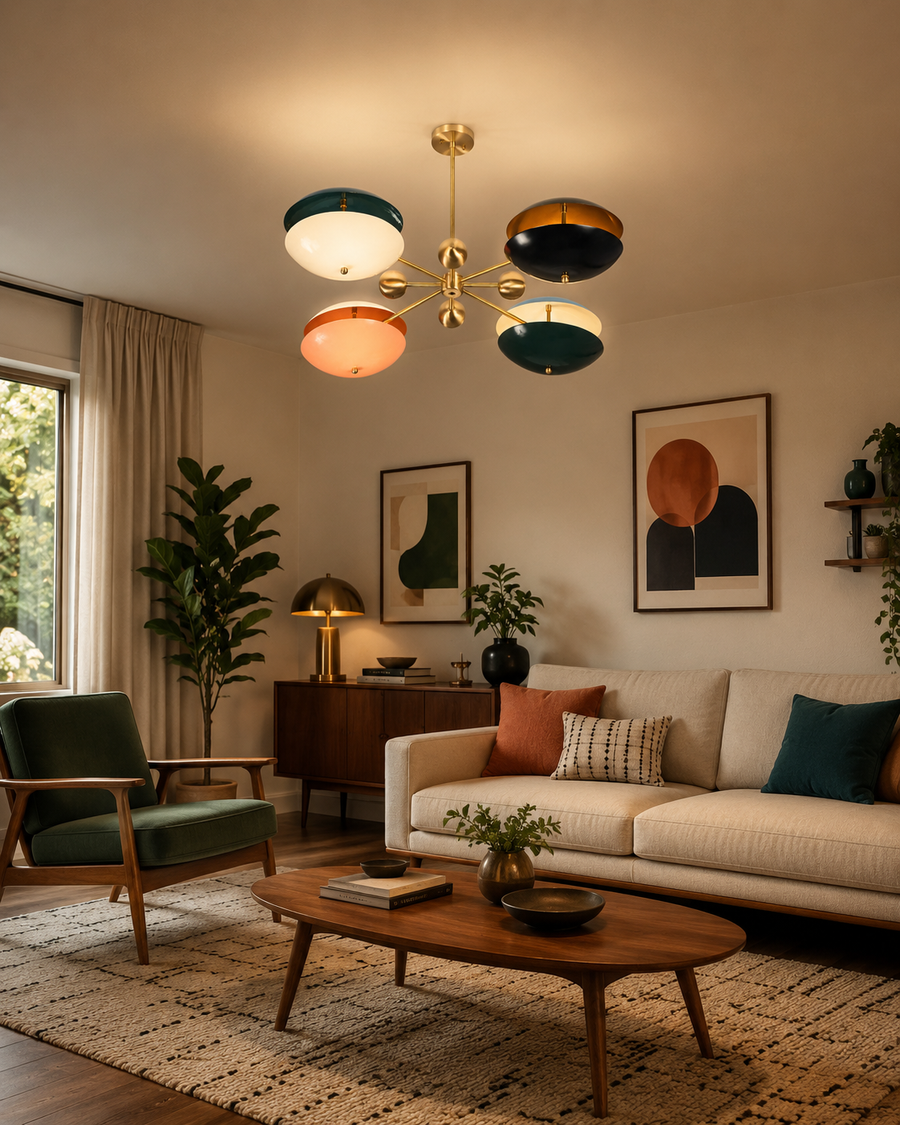 Siena Orbit Globe Chandelier styled in a modern living room with colorful shades and warm décor.