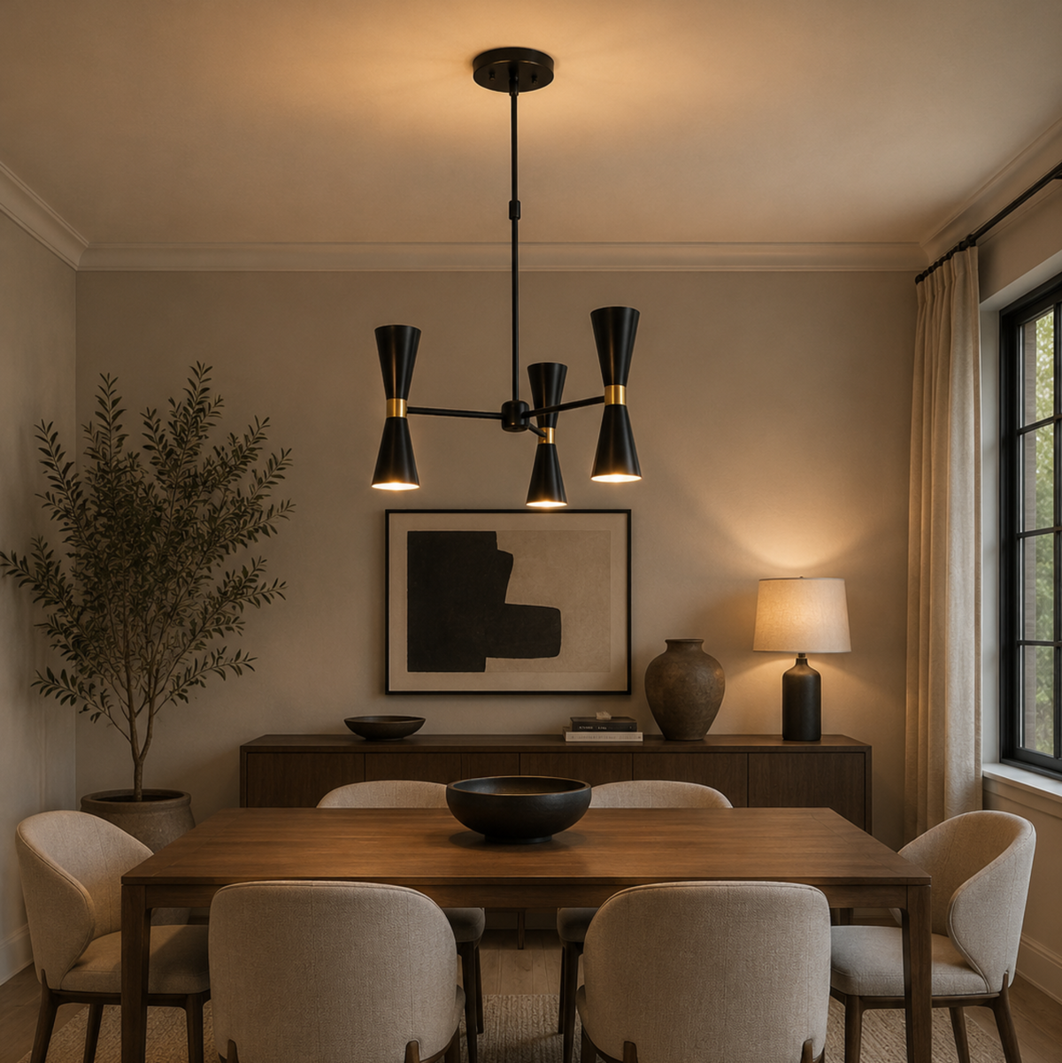 Singapore 6 light black double-cone chandelier illuminated above a wooden dining table in a warm contemporary dining room.