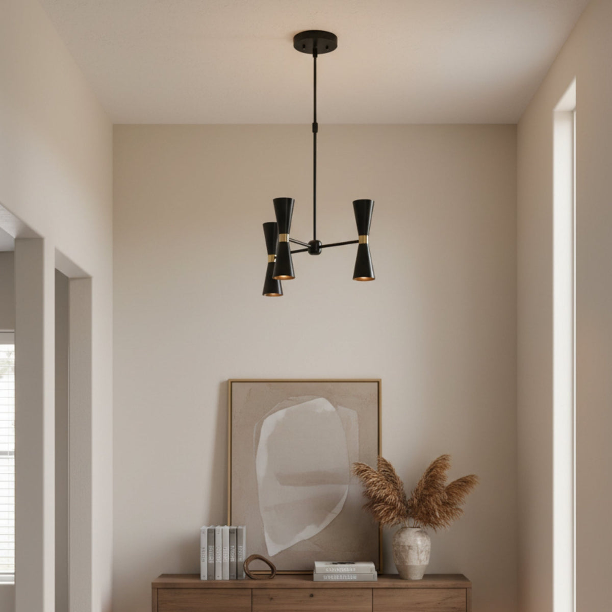 Singapore 6 light sculptural chandelier shown in full view with three black hourglass double-cone shades and long downrod suspension.