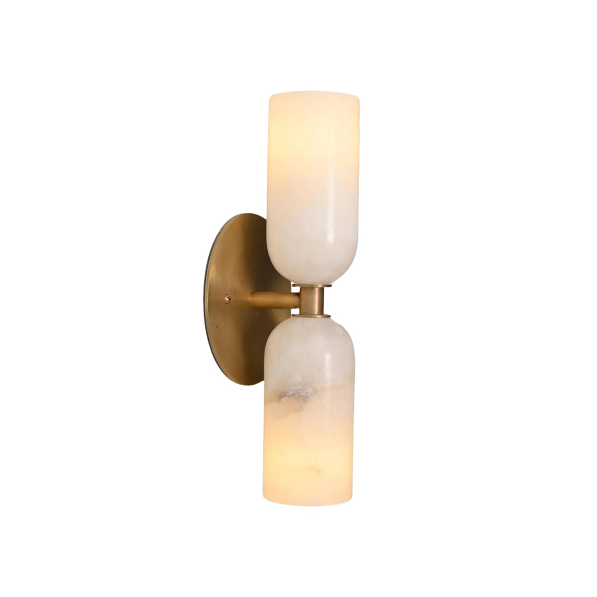 Three-quarter illuminated view of the Sloane Double Cylinder Alabaster Wall Sconce highlighting the translucent natural alabaster shades.