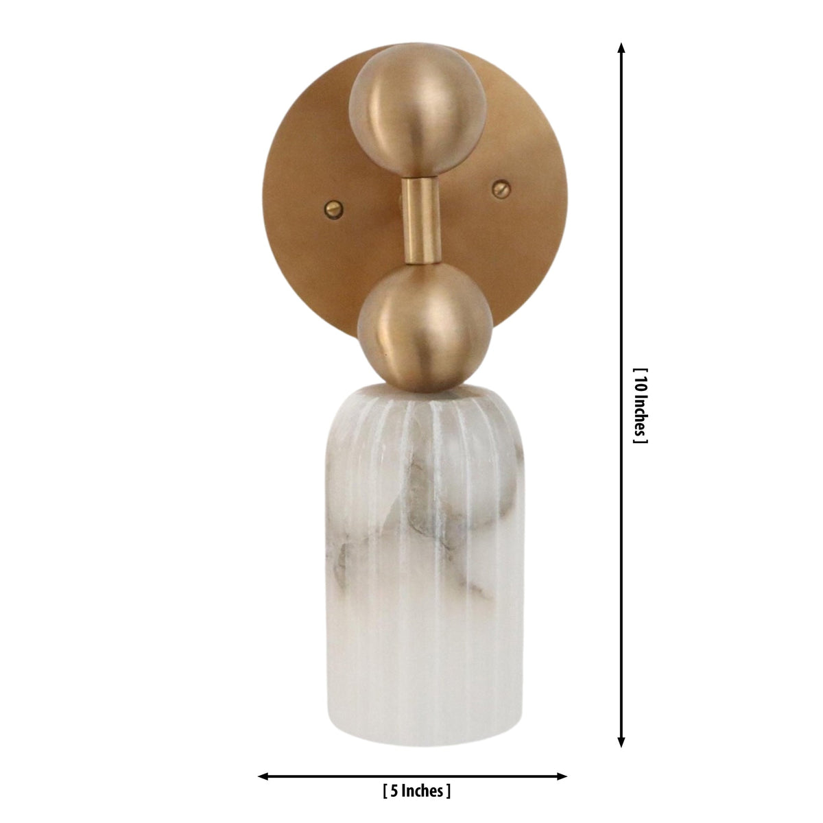 Dimension drawing of the Sloane Fluted Alabaster Wall Sconce showing a 10-inch height and 5-inch width with fluted alabaster shade and brass globe accents.