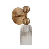 Three-quarter view of the Sloane Fluted Alabaster Wall Sconce highlighting the vertically fluted natural alabaster shade with sculptural brass globe detailing.