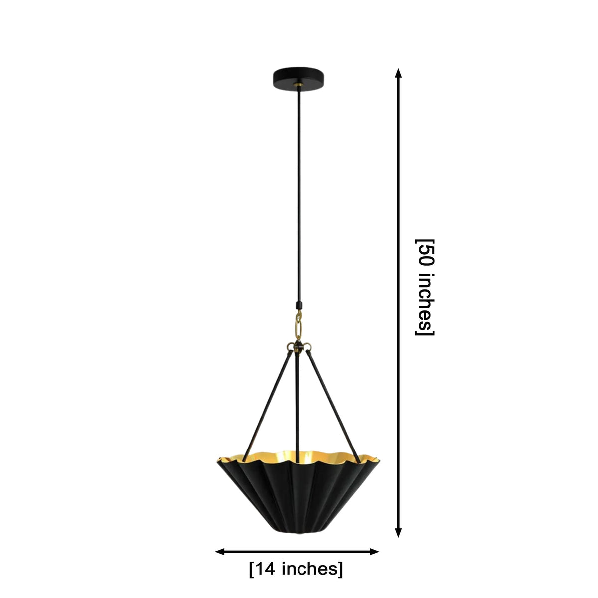 Dimension view of Sloane fluted bowl pendant light showing 14-inch width, 50-inch adjustable height, and sculpted fluted bowl shade.