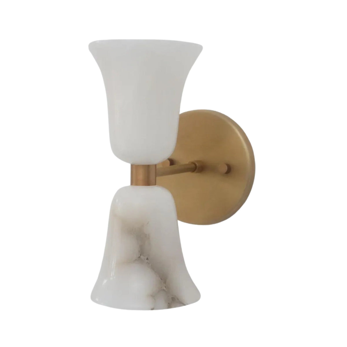 Perspective view of the Sloane Hourglass Alabaster Wall Sconce emphasizing its sculptural hourglass silhouette and luxurious alabaster shades.