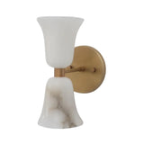 Perspective view of the Sloane Hourglass Alabaster Wall Sconce emphasizing its sculptural hourglass silhouette and luxurious alabaster shades.