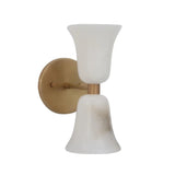 Rear angled view of the Sloane Hourglass Alabaster Wall Sconce featuring handcrafted natural alabaster shades with a premium brass circular backplate.