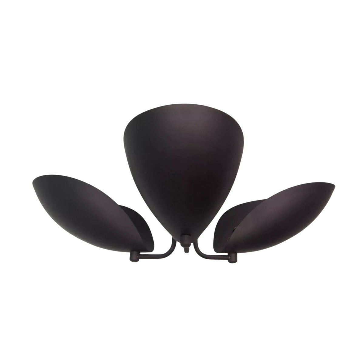 Sloane sculptural 3 light flush mount with curved petal shades in dark bronze finish, angled view