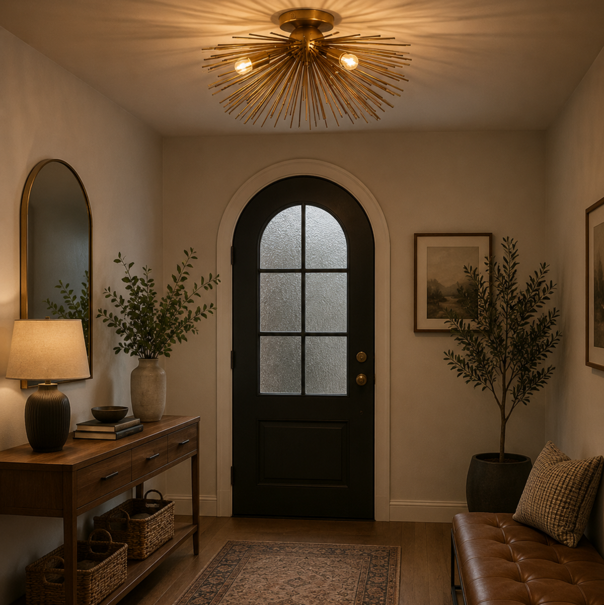 Soho 5 light sunburst flush mount chandelier illuminated in a warm modern entryway with a console table and arched doorway.