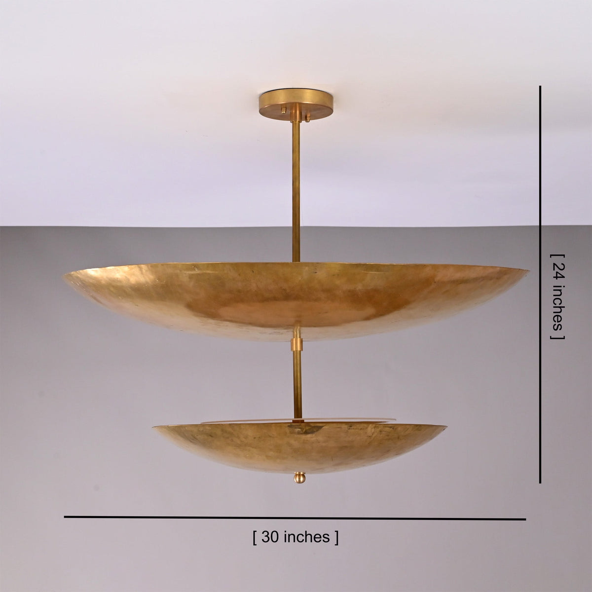 Solara Double Saucer Pendant Light shown with 30 inch width and 24 inch overall height dimensions.