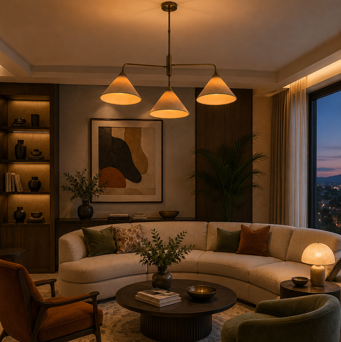 Sorrento 3 light brass chandelier with linen cone shades installed in an elegant contemporary living room with warm lighting.