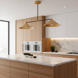 Sutton 2 light brass cone chandelier with black linear frame shown from an angled perspective