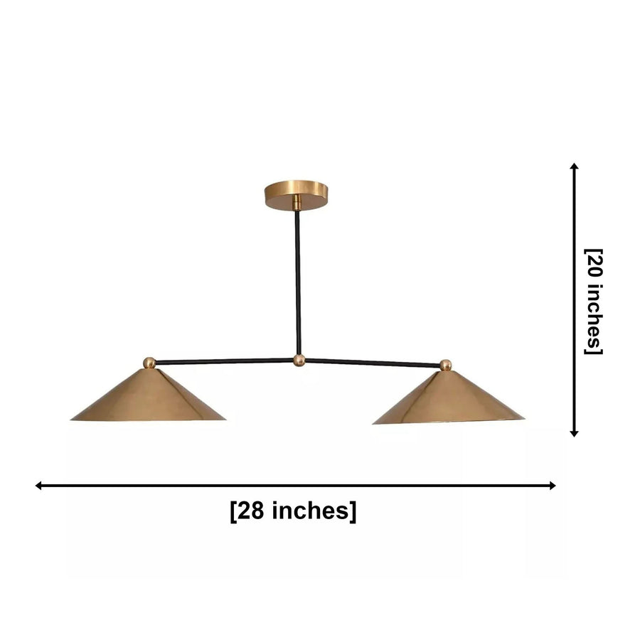 Sutton 2 light linear cone chandelier installed above a wooden dining table in a modern dining room interior