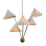 ront view of the Sutton Modern five-light chandelier with white cone fabric shades, warm illumination, and a brushed brass frame.