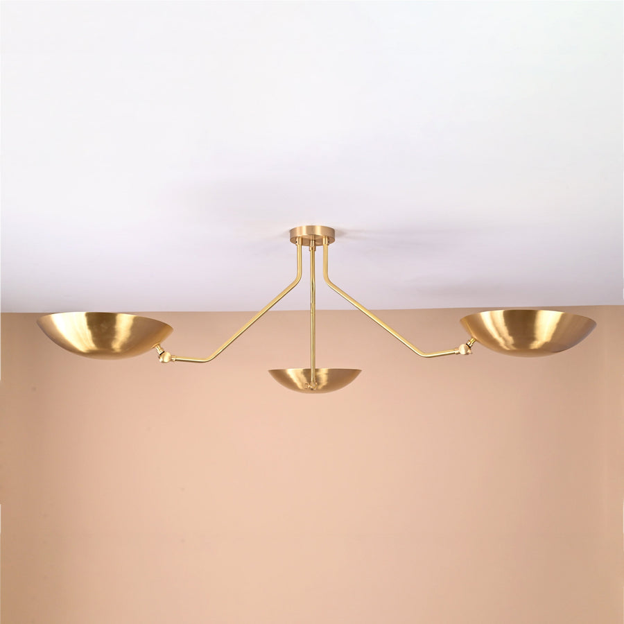 Handmade 3-arm brushed brass flushmount ceiling light with bowl shades and minimalist geometric design by Brass Leaf Studio