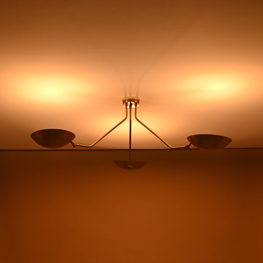 Three-light brass ceiling light with brushed finish, modern flushmount chandelier handmade by Brass Leaf Studio