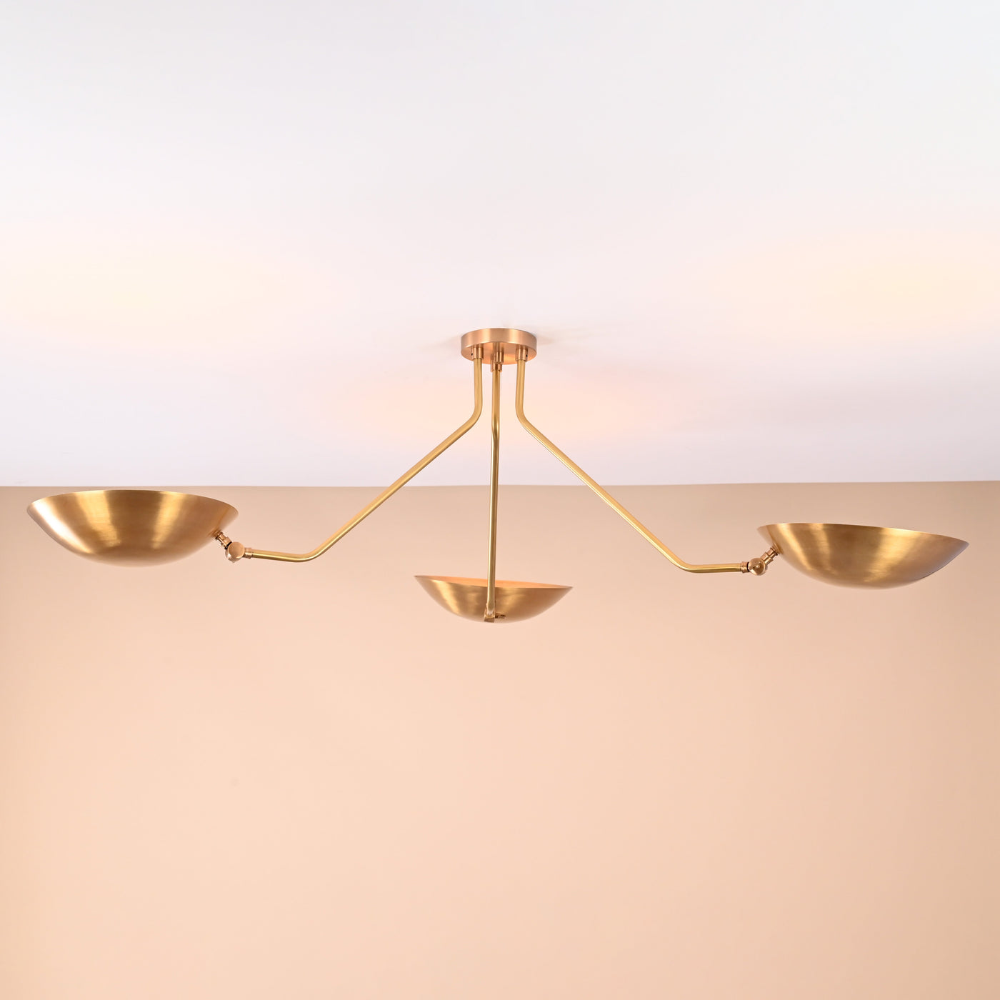 Three-light brass ceiling light with brushed finish, modern flushmount chandelier handmade by Brass Leaf Studio