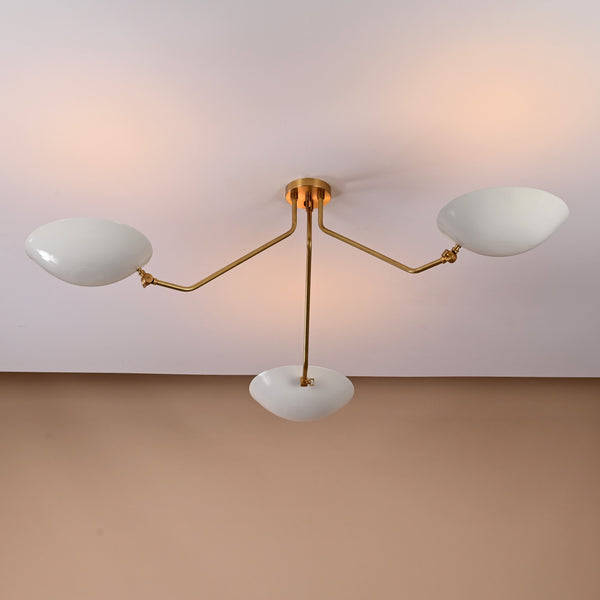 Three-light brass chandelier with white bowl shades, modern flushmount ceiling light by Brass Leaf Studio