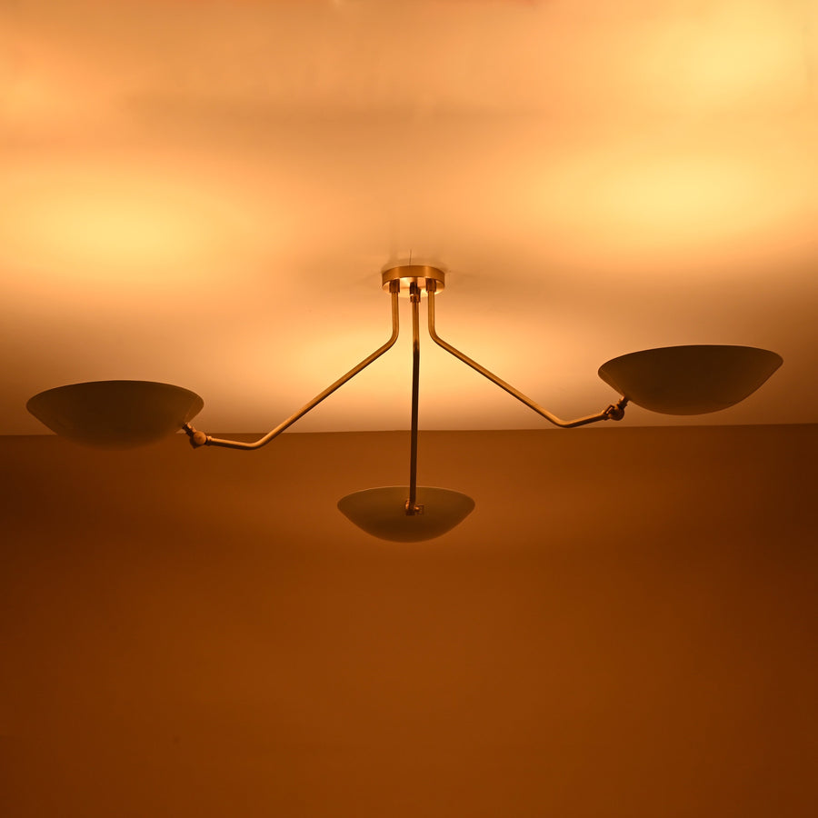 Three-light brass chandelier with white bowl shades, modern flushmount ceiling light by Brass Leaf Studio