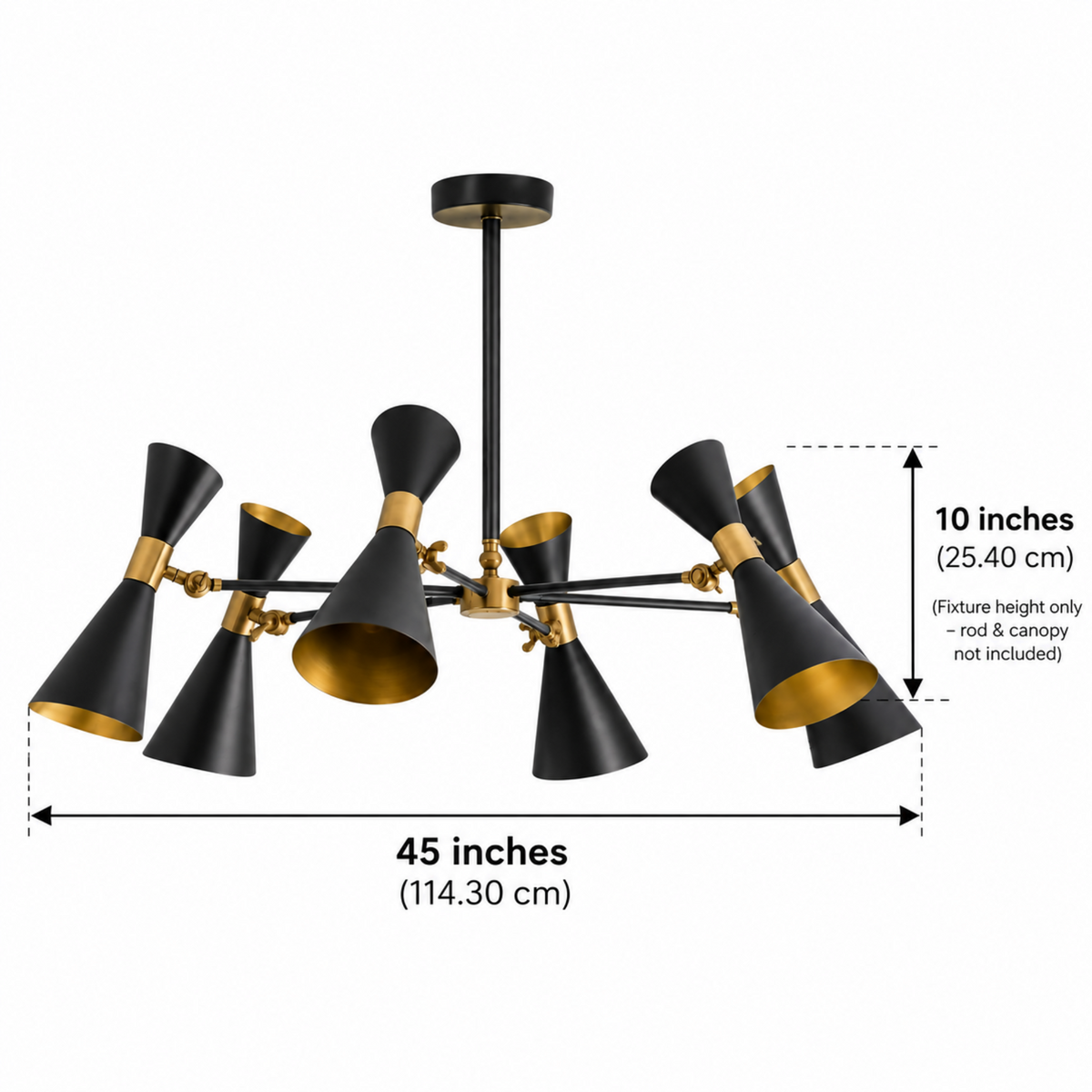 Size guide for Tucson Black Double Cone Chandelier – 6 Light – 45 Inch – Model 62202