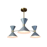 Valencia 6 light blue-gray and brass triple cone chandelier shown illuminated against a clean white background.