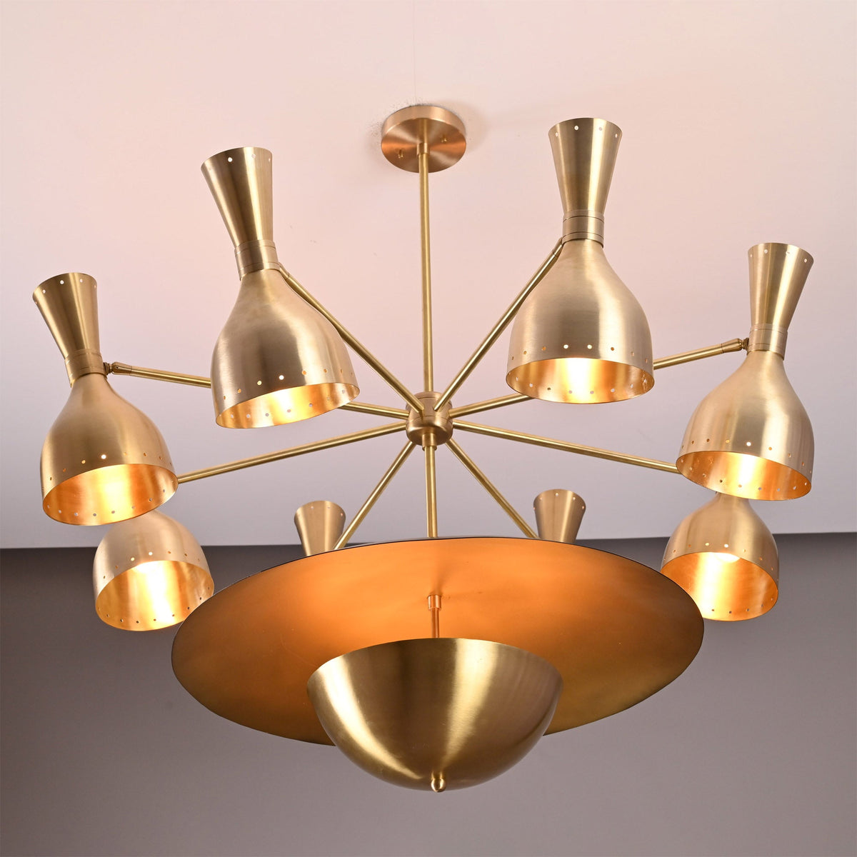Venice Bottle Disc Chandelier close view with seven bottle-style shades and layered central disc detail.