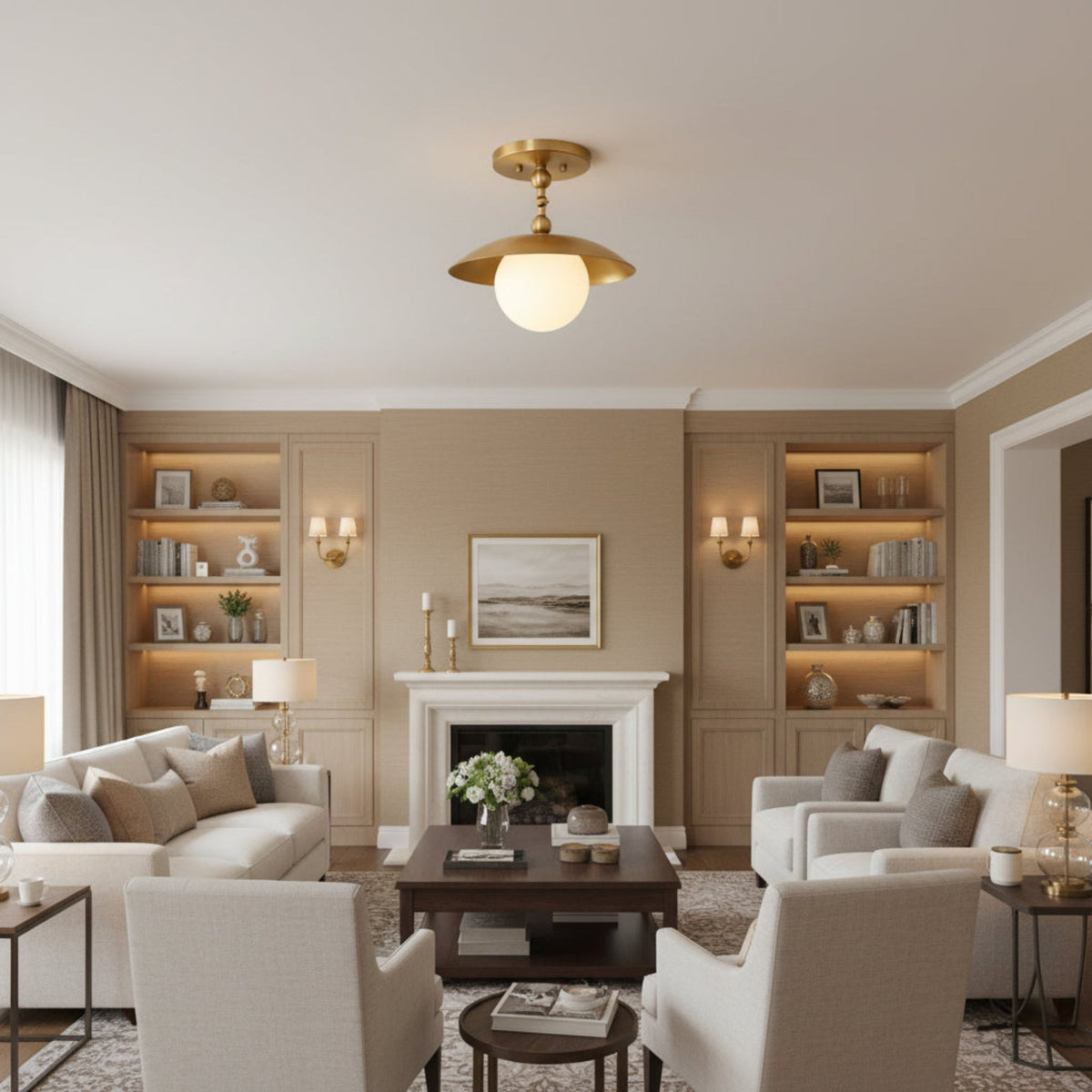 Verona adjustable dome globe flush mount with brass finish and illuminated opal glass globe, Model 33162.