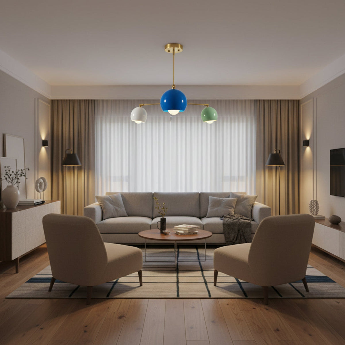 Verona 3 light Mid-Century Modern chandelier with blue, green and white dome shades and brass frame – Model 62016