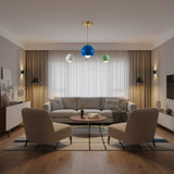 Verona 3 light Mid-Century Modern chandelier with blue, green and white dome shades and brass frame – Model 62016