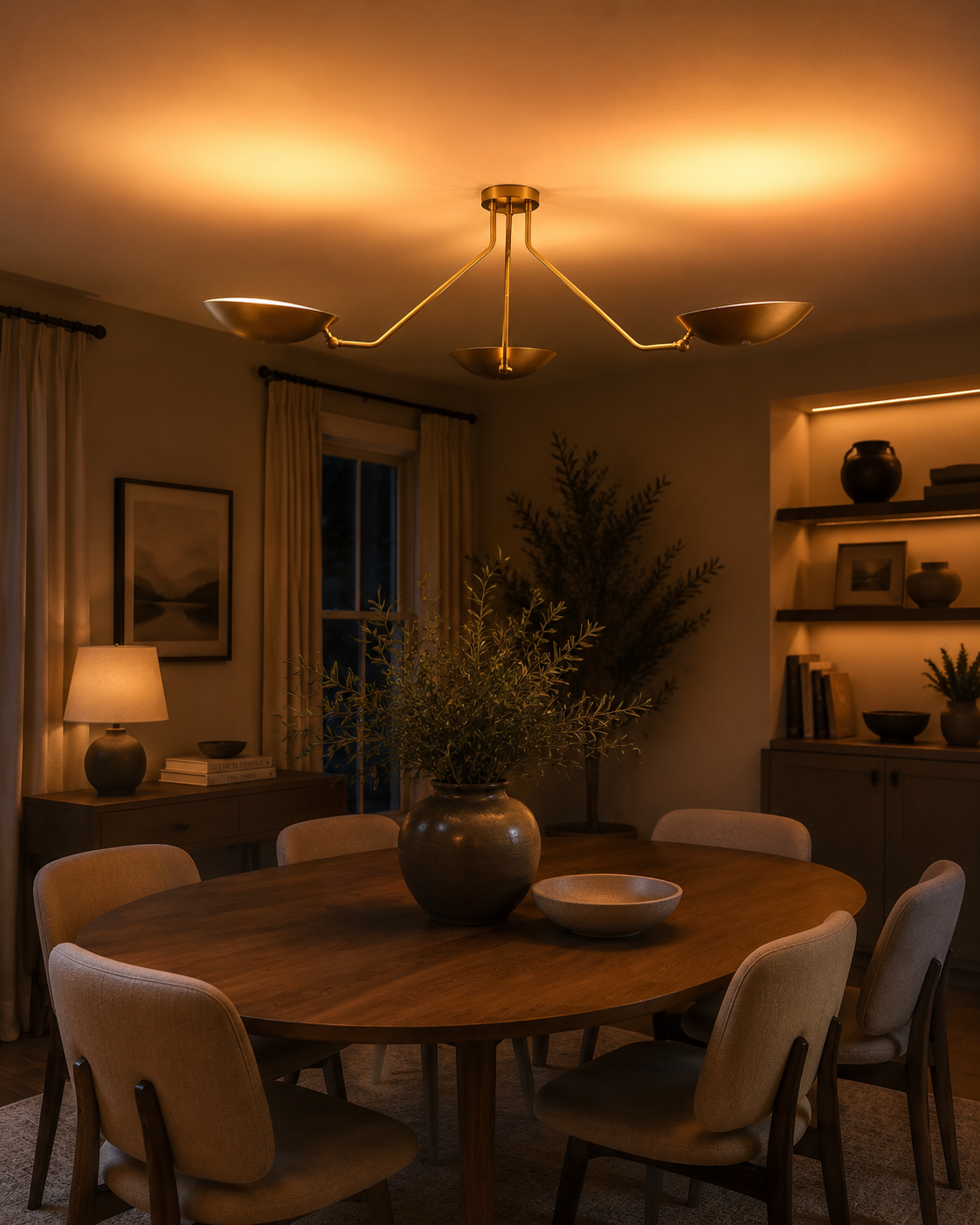 Verona Dish Trio Chandelier styled above dining table in a warm modern room with soft evening lighting.