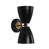 Side view of Verona double cone wall sconce featuring matte black shades and brass detailing