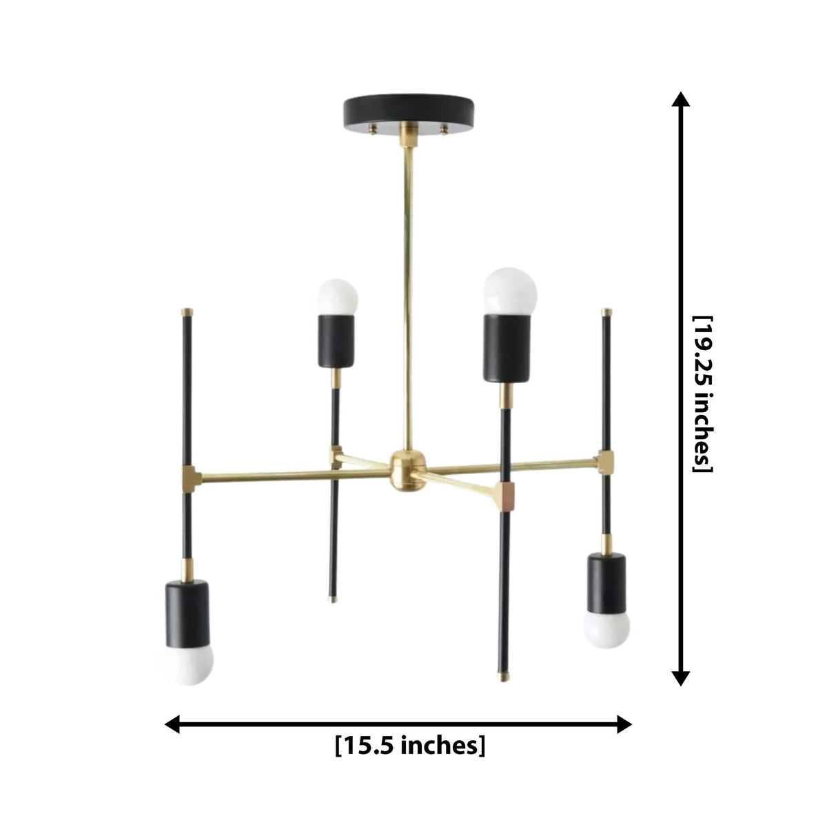 Verona 4 light geometric chandelier dimension view showing 15.5 inch width and 19.25 inch overall height.