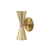 Verona hourglass globe wall sconce in warm brass finish with dual exposed globe bulbs and handcrafted hourglass silhouette, perspective side view.