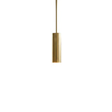 Lit view of the Verona modern cylinder pendant light emitting focused downward illumination through its minimalist tubular metal shade.