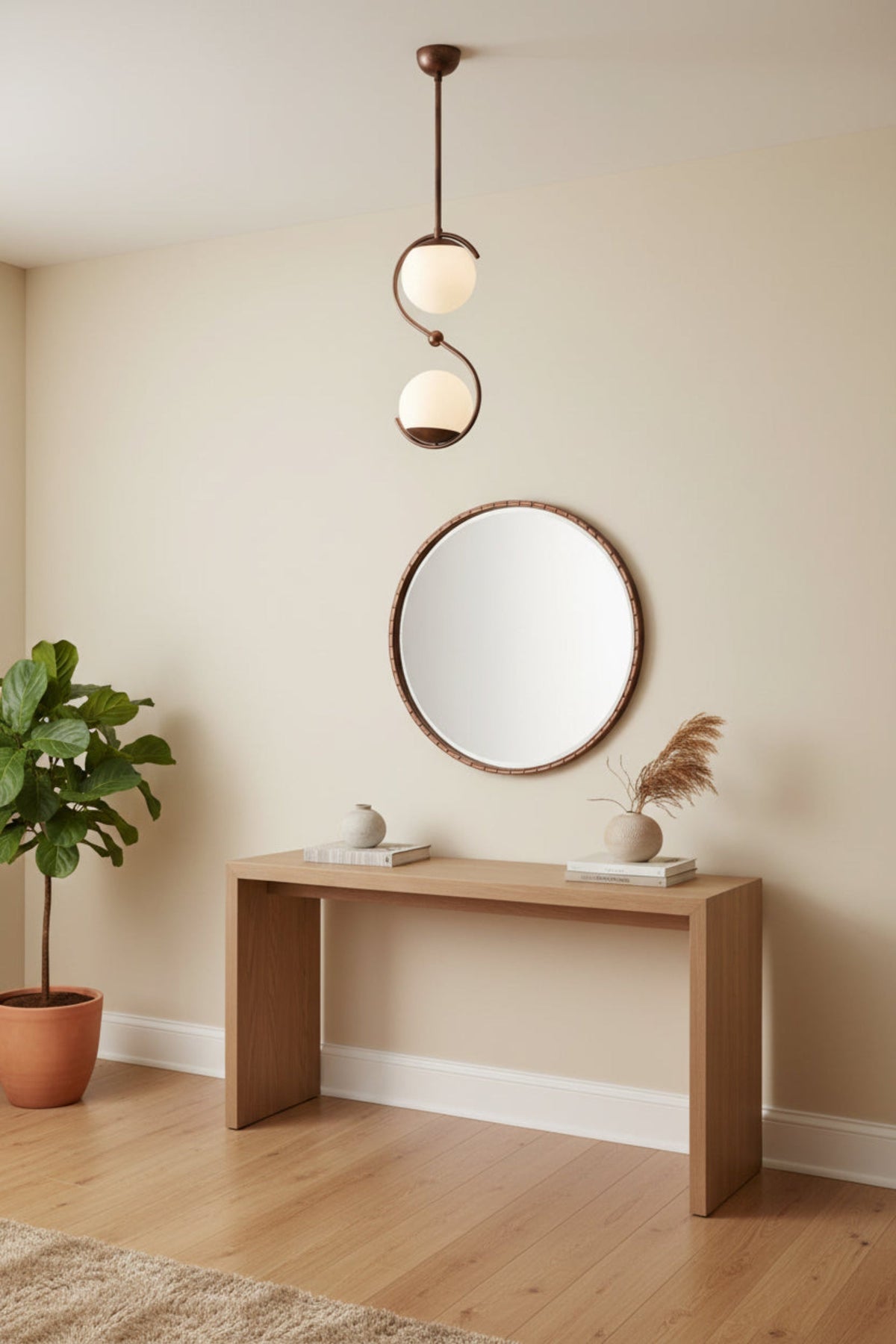 Verona sculptural 2-light globe pendant chandelier in aged copper finish with curved S-shaped frame – Model 33175