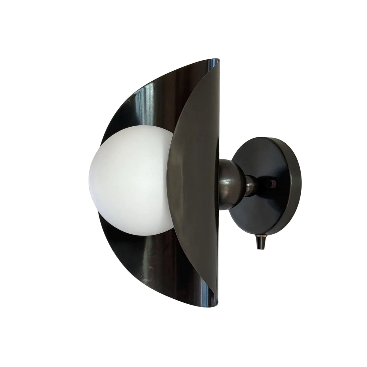 Angled view of Verona sculptural wall sconce featuring an opal globe and curved shield design, Model 32790.