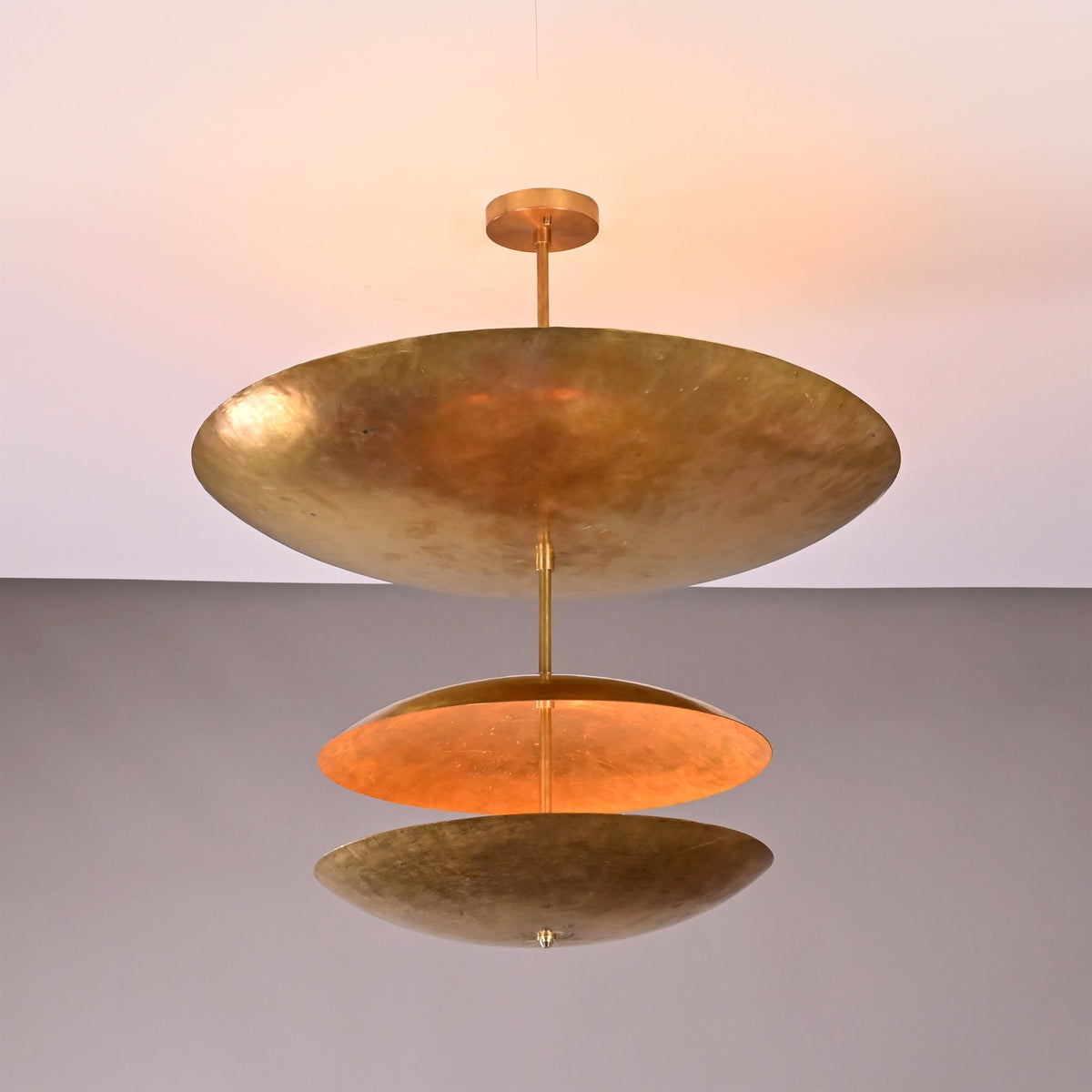 Front view of Verona Triple Saucer Chandelier with three circular shades and balanced vertical profile.