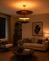Verona Triple Saucer Chandelier installed in a warm living room with soft ambient ceiling glow.