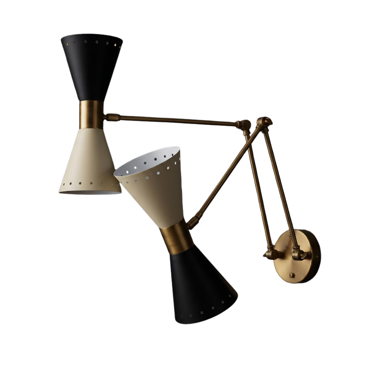 Side angled view of Verona 4-light wall sconce with articulated brass arms and two-tone metal cone shades