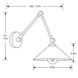 Dimension drawing of adjustable swing arm wall sconce showing 9.5 inch shade width, 3.5 inch shade height, and 16–21 inch arm reach.