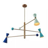 Wellington 3 light sculptural chandelier shown from an alternate angle highlighting its asymmetric brass-tone arms and multicolor double-cone shades.