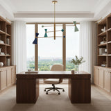 Wellington 3 light Mid-Century Modern chandelier shown from the front with colorful double-cone shades, spherical counterweights, and brass-tone frame.